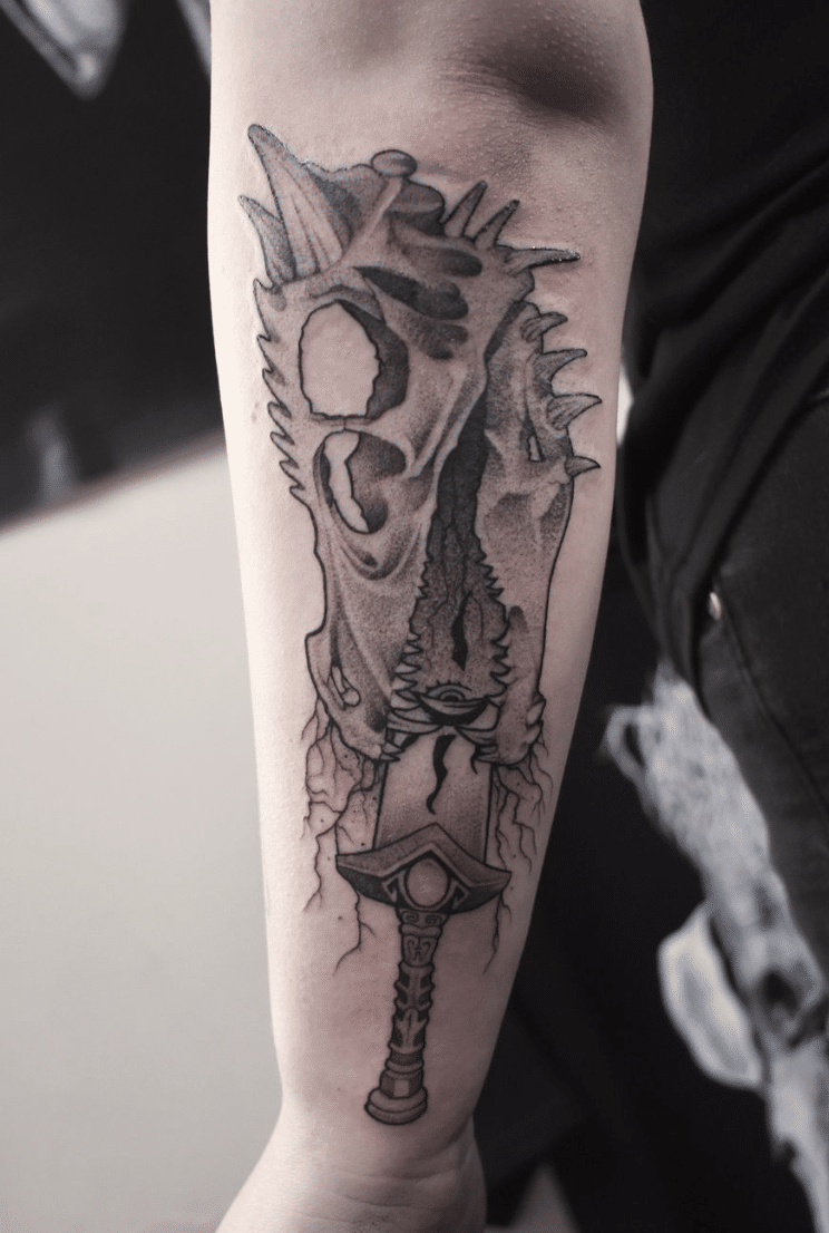 Elder Scrolls Dragon Skull Sword Tattoo