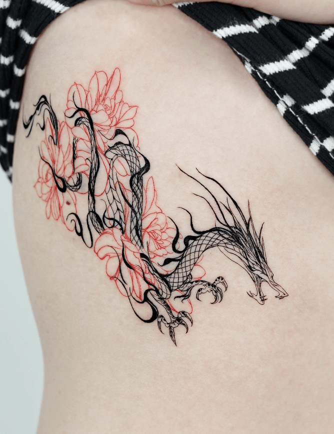 Elegant Dragon And Rose Tattoo