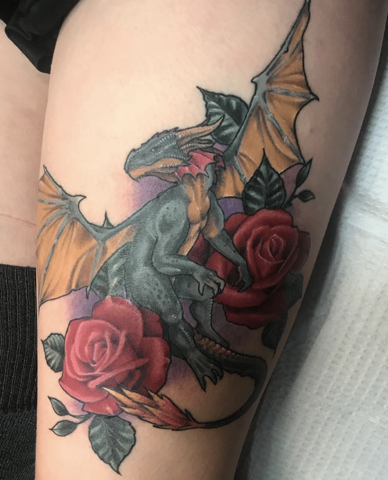 European Dragon And Rose Tattoo