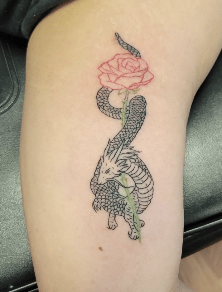 Fine-Line Dragon And Rose Tattoo