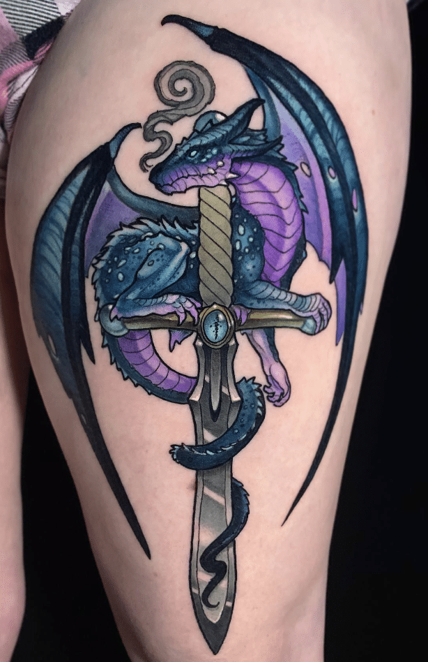 Fully Colored Dragon Sword Tattoo