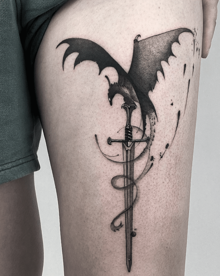 Ink Splash Dragon Sword Tattoo