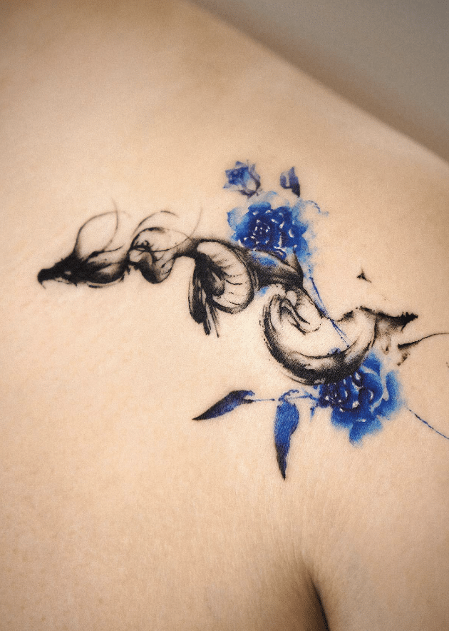 Japanese Brush Stroke Dragon Rose Tattoo