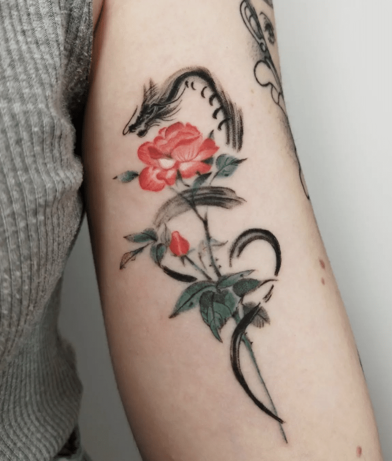 Japanese Dragon And Rose Tattoo