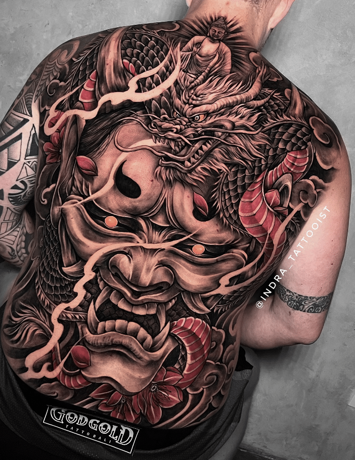 Japanese Mask and Dragon Tattoo