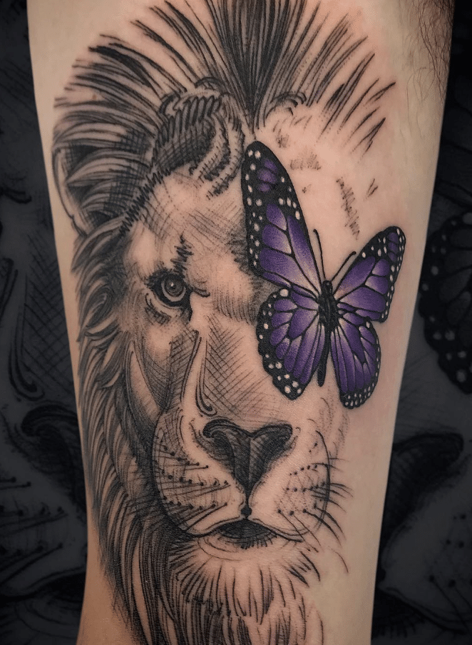 Lion And Purple Butterfly Tattoo