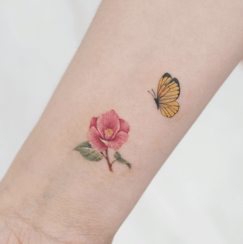 Minimalist Yellow Butterfly Flower Tattoo