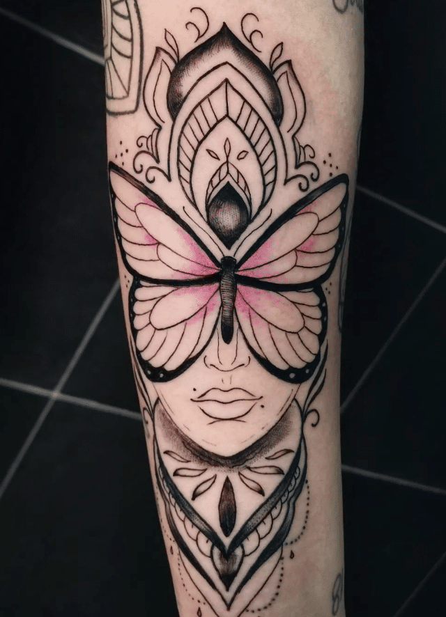 Ornamental Pink Butterfly Tattoo