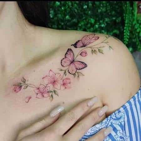 Pink Butterfly Tattoo Idea On Clavicle