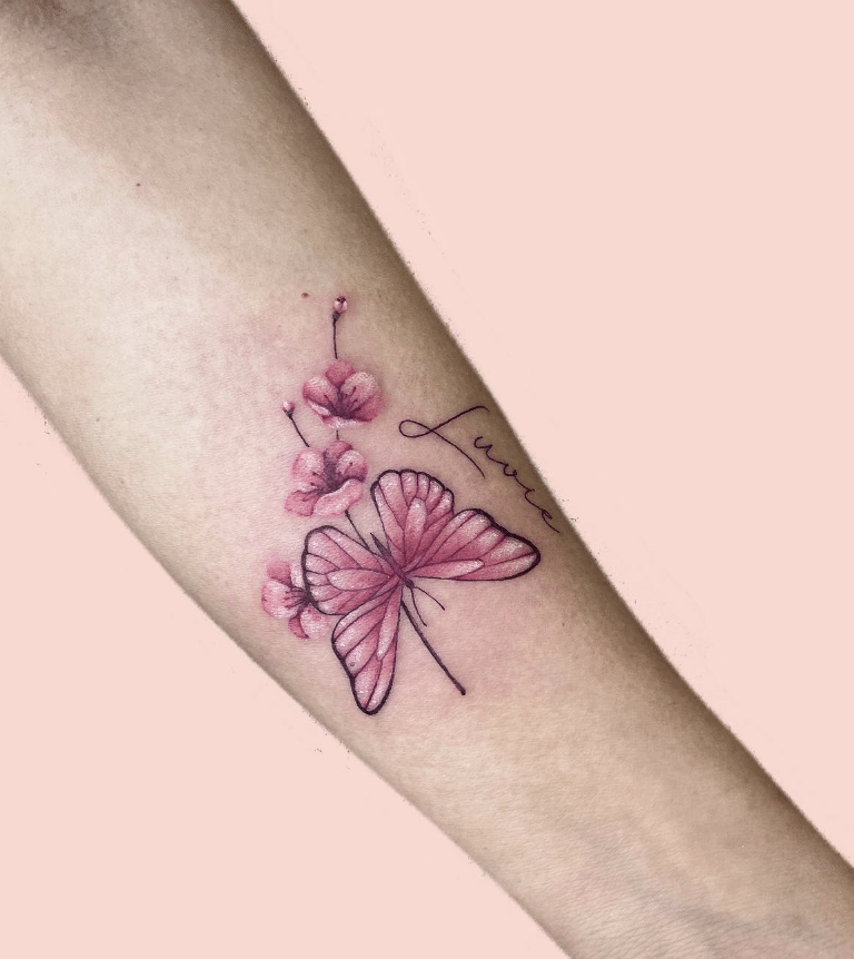 Pink Cherry Blossom Butterfly tattoo