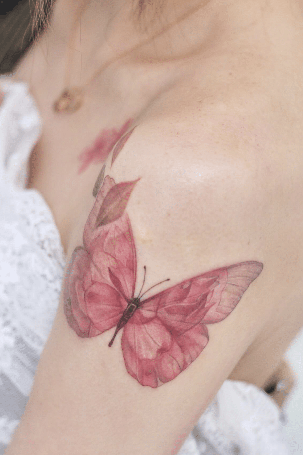 Pink Wing Leaf Butterfly Tattoo