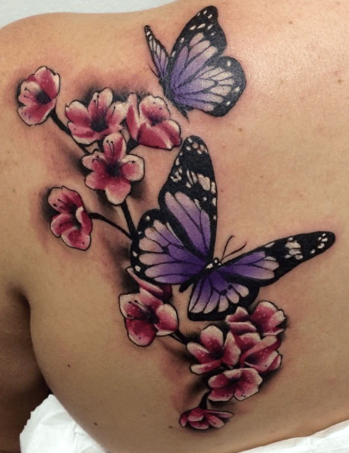 Purple Butterfly And Cherry Blossoms Tattoo