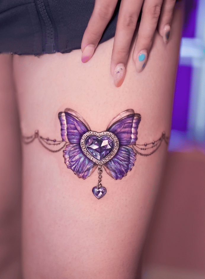 Purple Butterfly Garter Belt Tattoo
