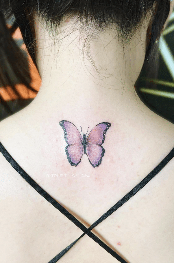 Purple Butterfly Tattoo On Neck