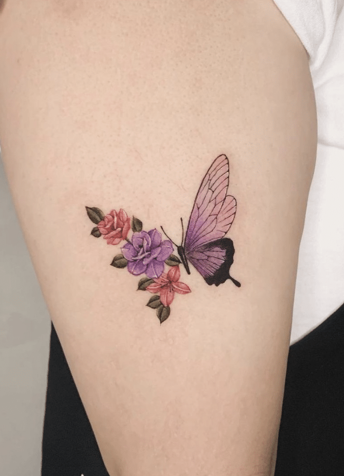 Purple Butterfly With Florals Tattoo