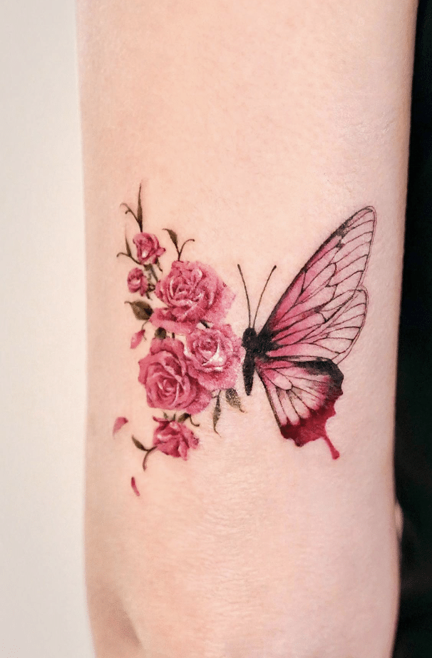 Rose Wing Pink Butterfly Tattoo