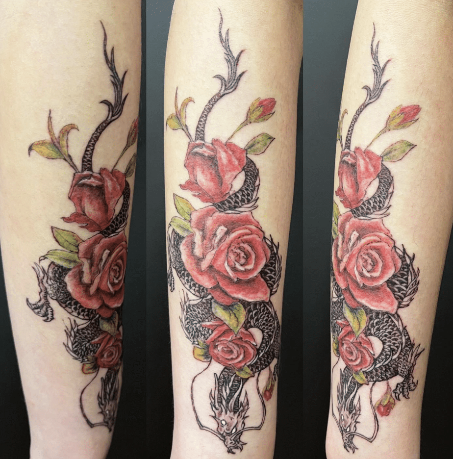 Roses On Dragon Tattoo