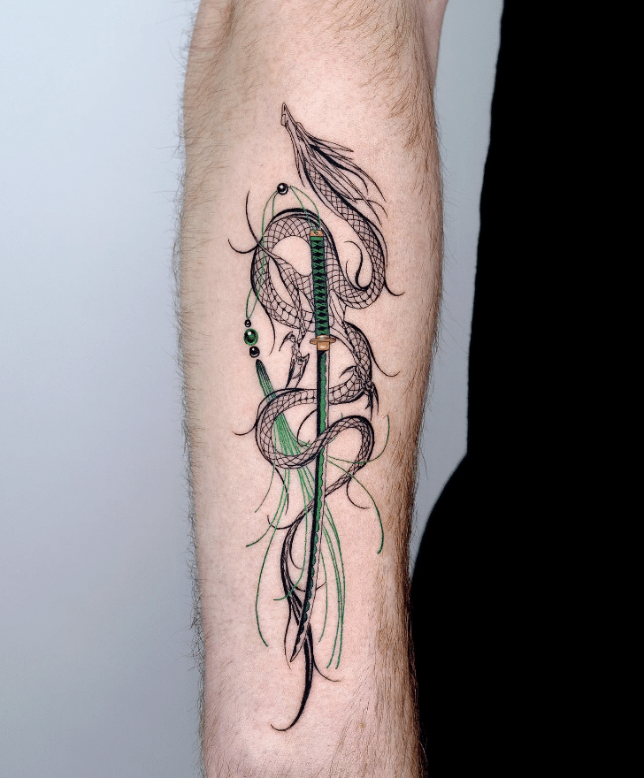 Slightly Colored Dragon Sword Tattoo
