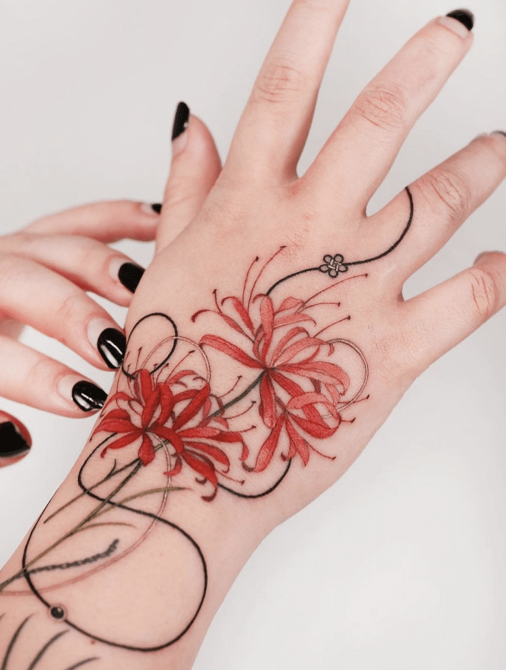 Spider Lily Hand Tattoo