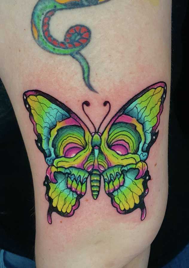 Vibrant Colorful Skull Butterfly Tattoo