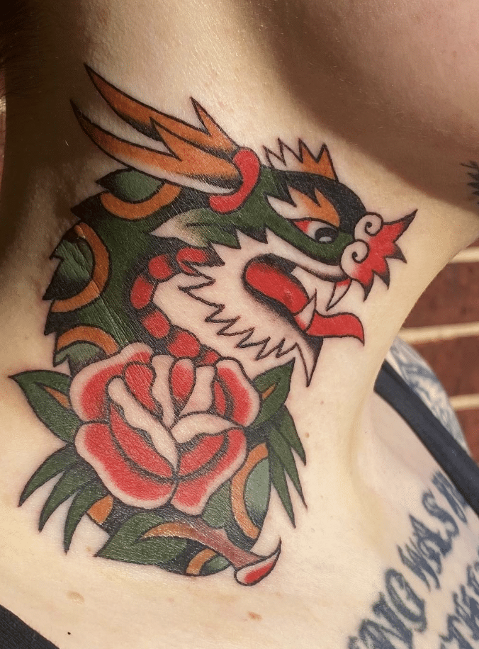 Vintage Dragon And Rose Tattoo