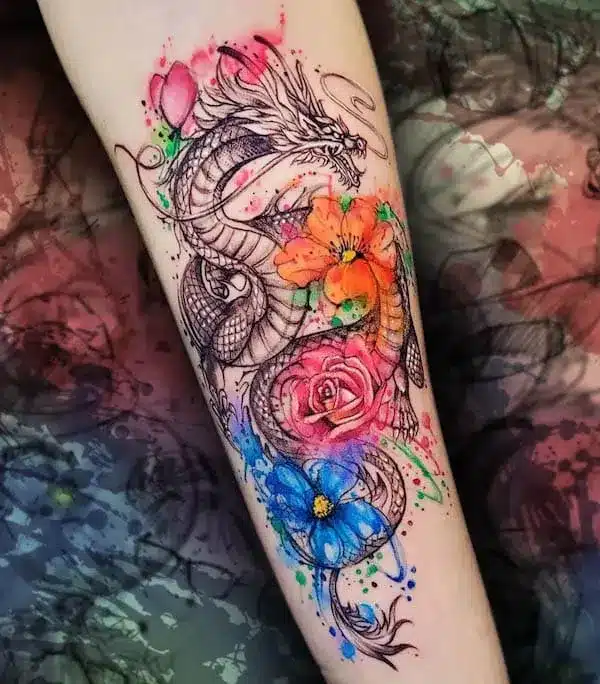 Watercolor Dragon and Rose Tattoo