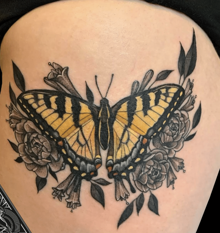 Yellow Butterfly And Flower Tattoo