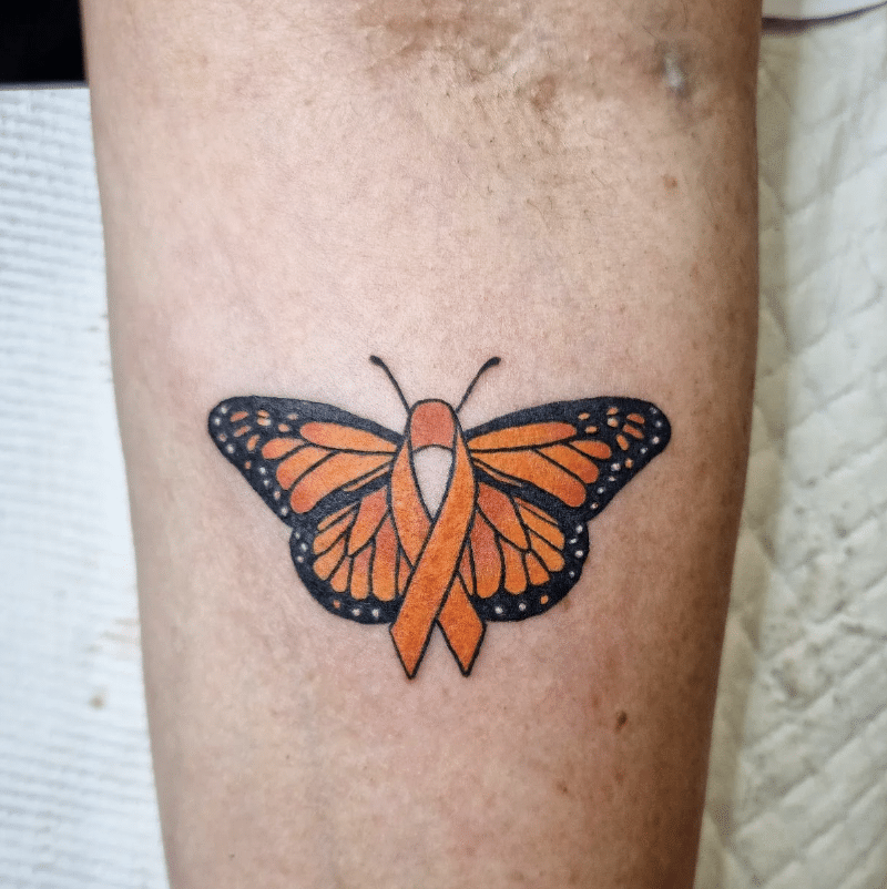Yellow Butterfly And Ribbon Tattoo