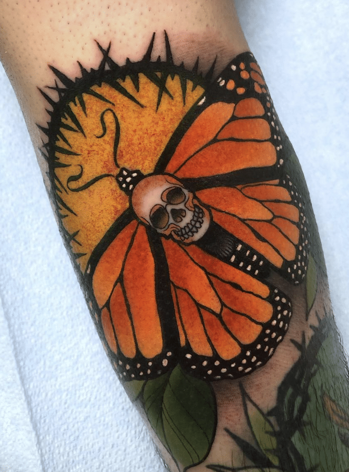 Yellow Butterfly And Skull Tattoo