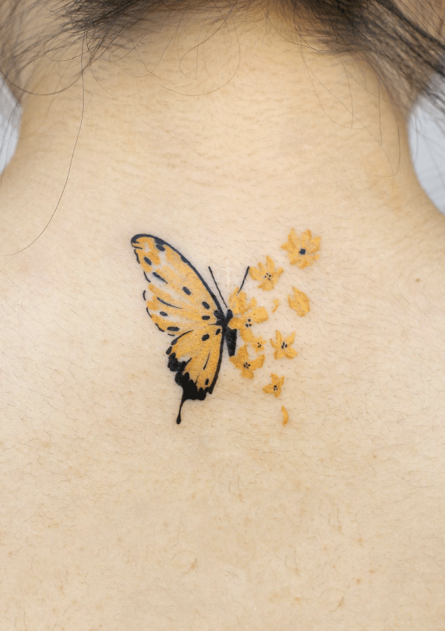 Yellow Butterfly Tattoo Idea On Neck