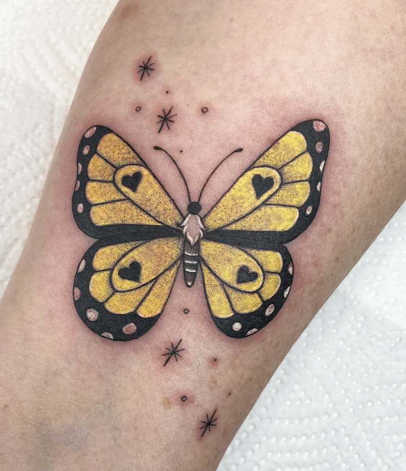 Yellow Butterfly With Heart Pattern Tattoo