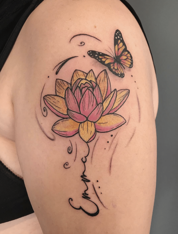 Yellow Butterly And Lotus Tattoo