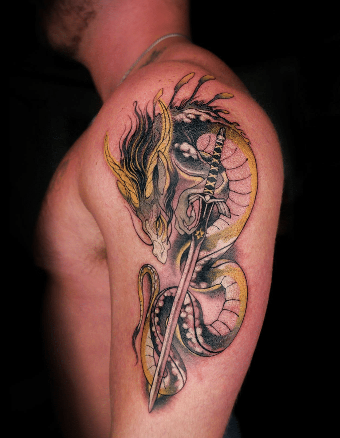 Yellow Dragon Sword Tattoo