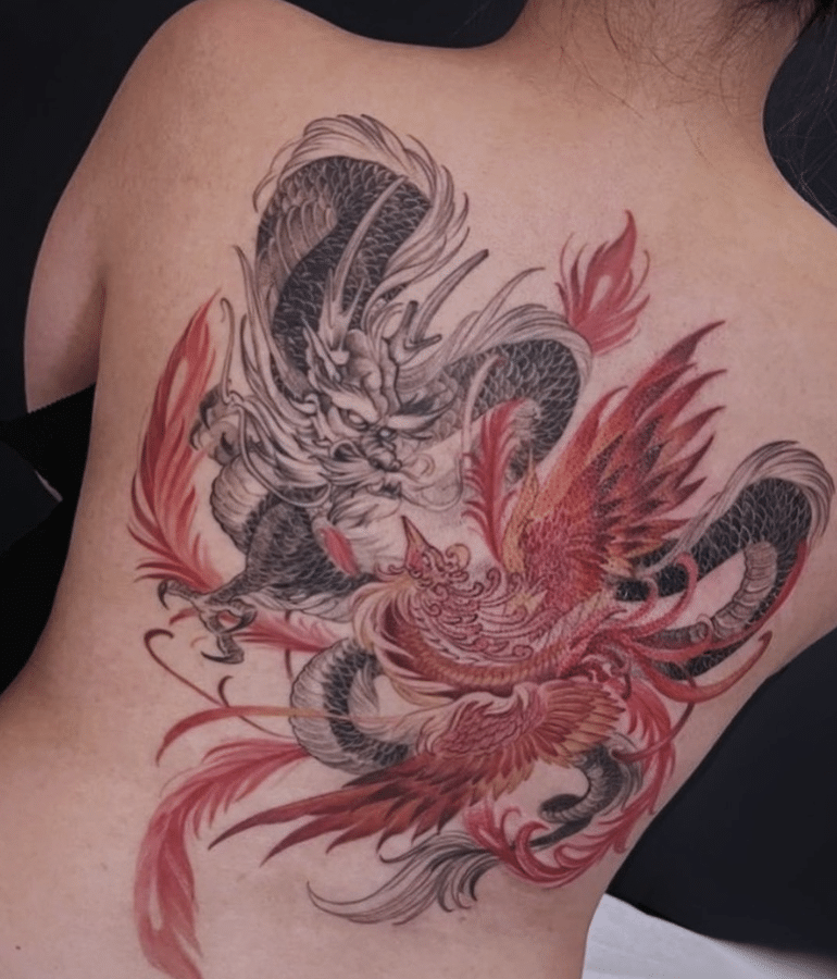 Black And Red Dragon Phoenix Tattoo