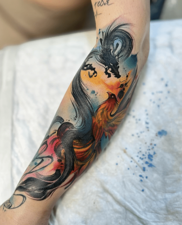 Brush Stroke Dragon Phoenix Tattoo