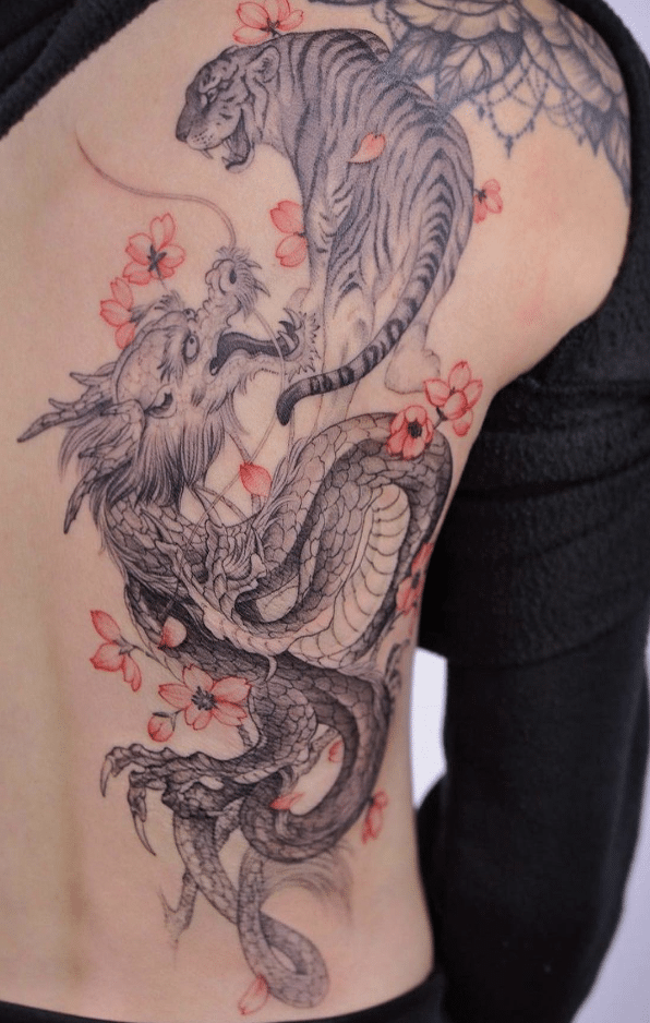 Cherry Blossom Dragon Tiger Tattoo