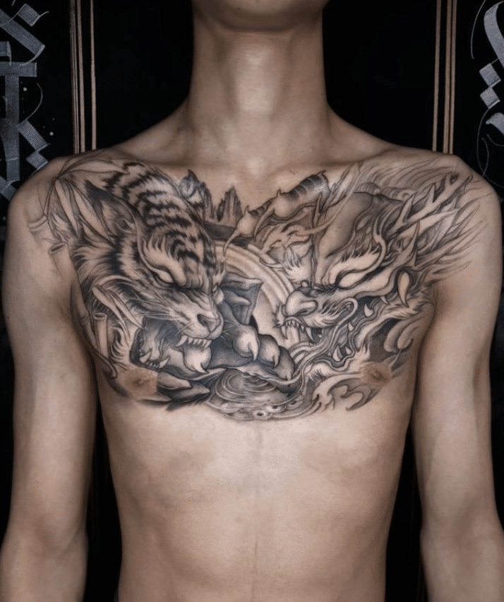 Chest Dragon Tiger Tattoo
