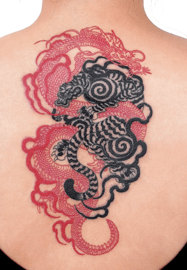 Contrasting Colors Dragon Tiger Tattoo