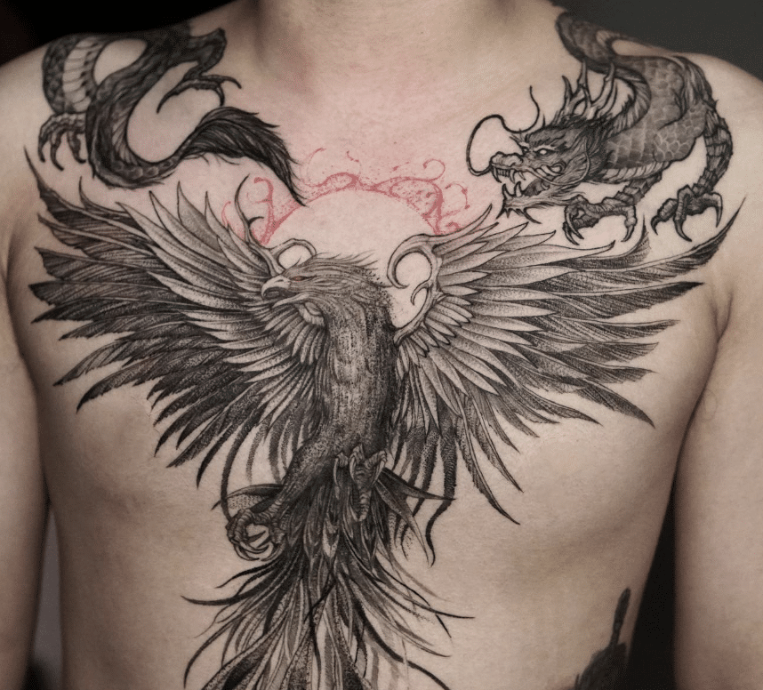 Dragon And Phoenix Tattoo On Chest
