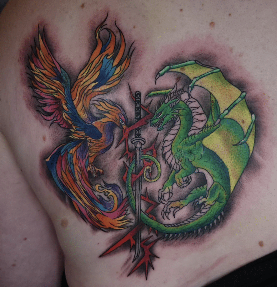 Dragon Phoenix And Sword Tattoo