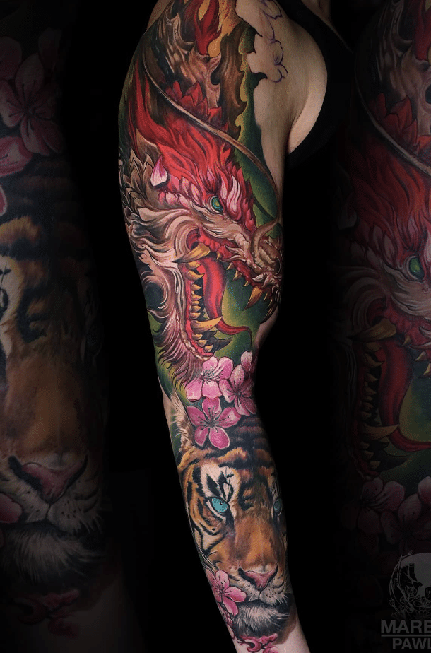 Dragon Tiger Floral Tattoo