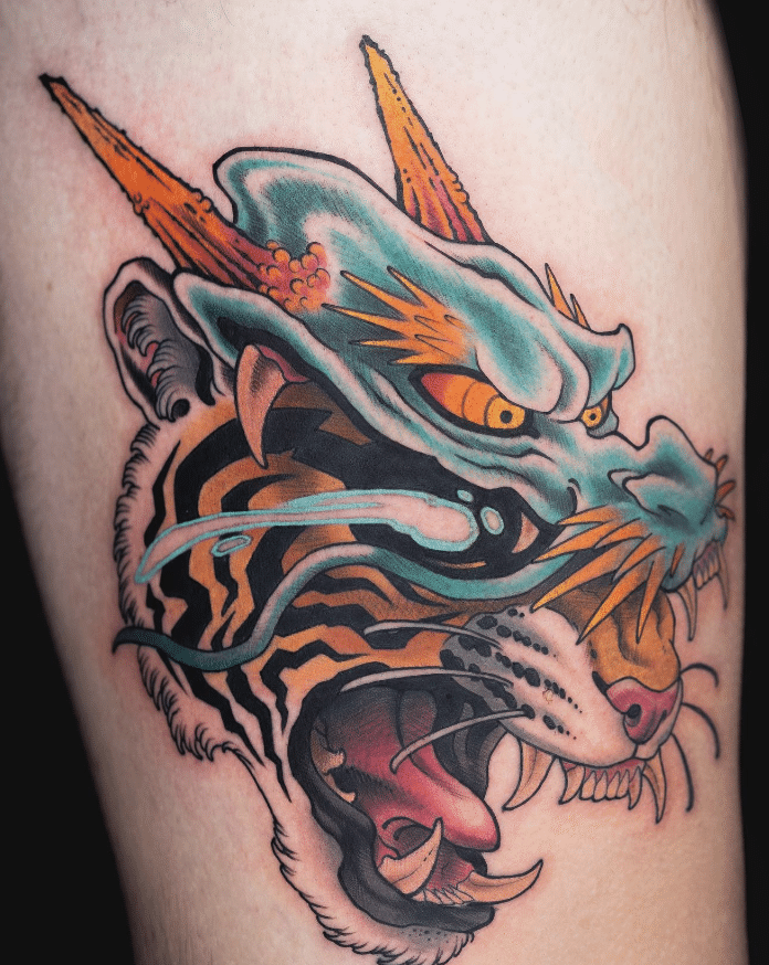 Dragon Tiger Head Fusion Tattoo