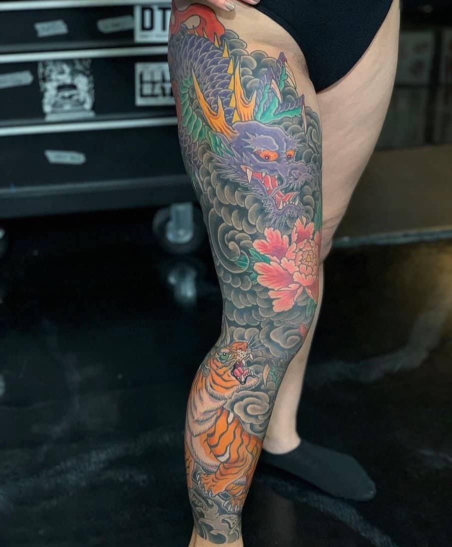 Dragon Tiger Tattoo On Leg