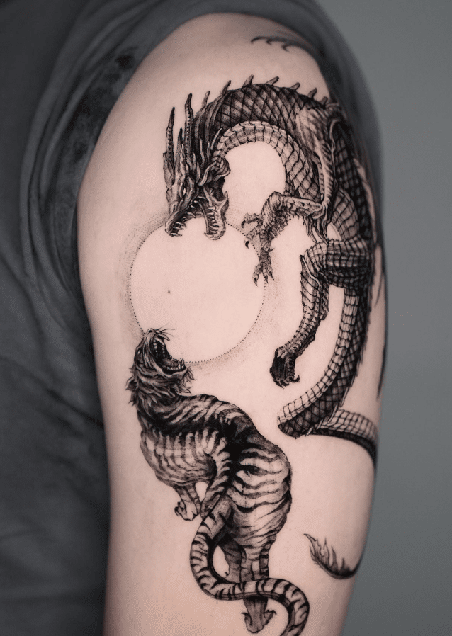 Dragon Tiger With Sun Tattoo