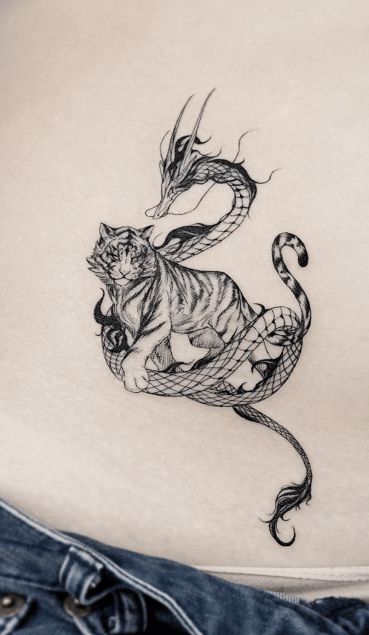 Fine-Line Dragon Tiger Tattoo