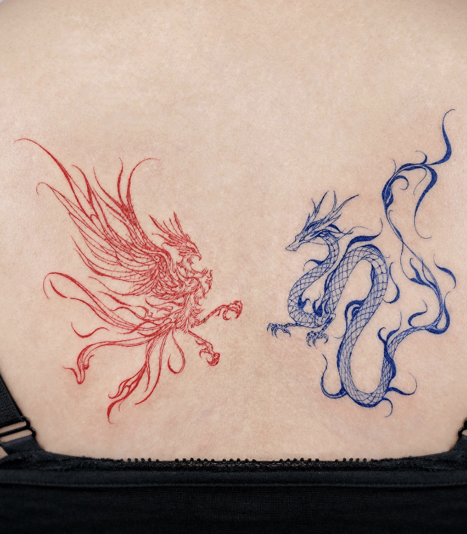 Fine-Line Phoenix And Dragon Tattoo