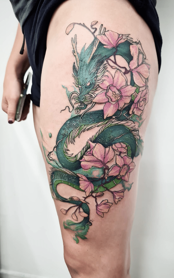 Green Dragon Tattoo Idea On Thigh