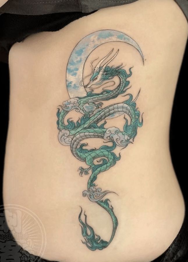 Green Dragon and Moon Tattoo