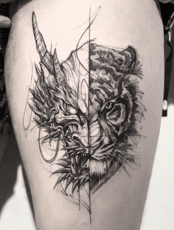 Half and Half Dragon Tiger Tattoo