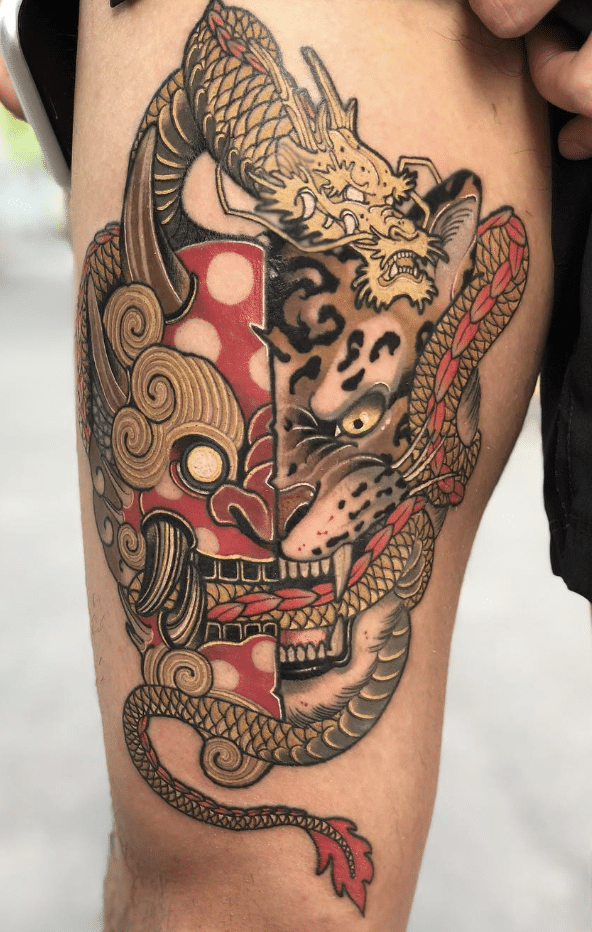  Japanese Mask Dragon Tiger Tattoo